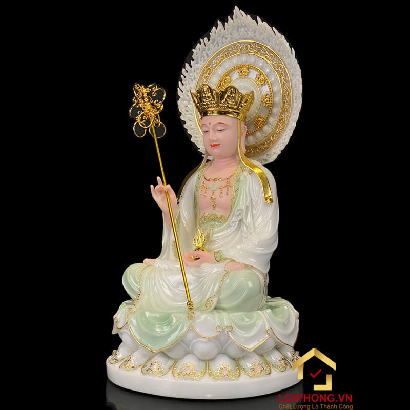 Tượng Địa Tạng Vương Bồ Tát ngồi hoa sen bằng bột đá cẩm thạch thiên thanh viền vàng có lá đề cao từ 40 cm - 90 cm