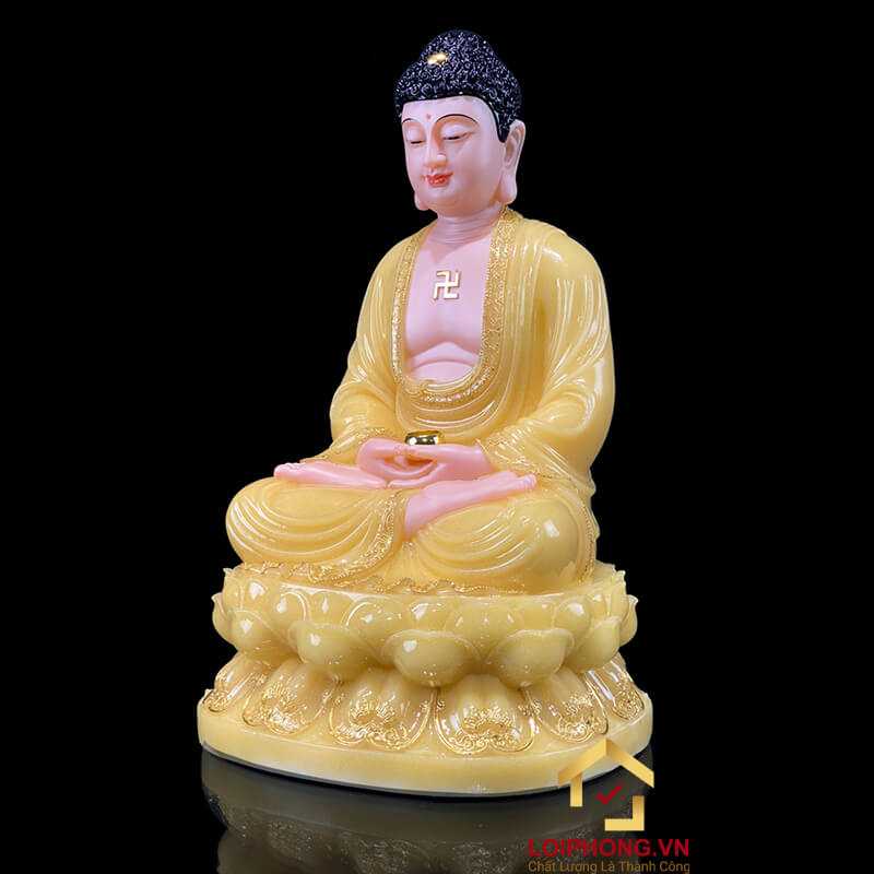 Tượng Phật A Di Đà Ngồi Đế Hoa Sen Bằng Bột Đá Thạch Anh Viền Vàng cao 30 - 65cm