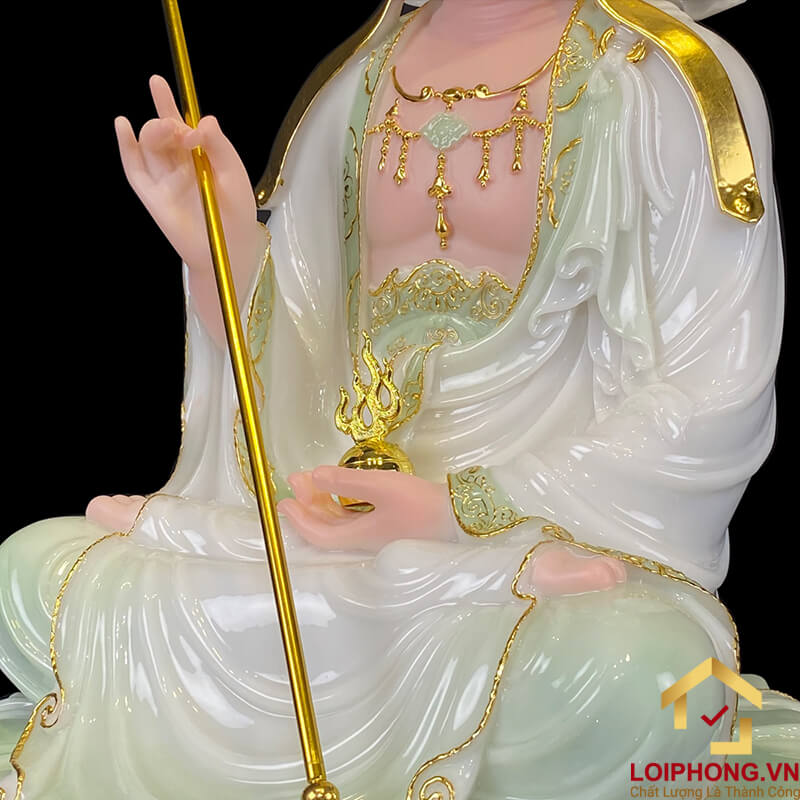 Tượng Địa Tạng Vương Bồ Tát ngồi hoa sen bằng bột đá cẩm thạch thiên thanh viền vàng có lá đề cao từ 40 cm - 90 cm