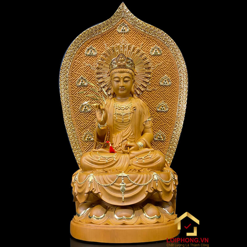 Tượng Phật Tây Phương Tam Thánh Ngồi Đài Sen Có Lá Đề Bằng Gỗ Long Não cao 40 – 65cm