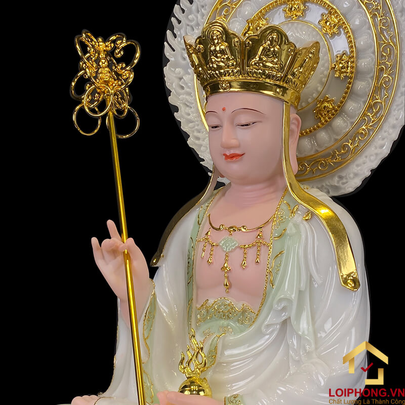 Tượng Địa Tạng Vương Bồ Tát ngồi hoa sen bằng bột đá cẩm thạch thiên thanh viền vàng có lá đề cao từ 40 cm - 90 cm