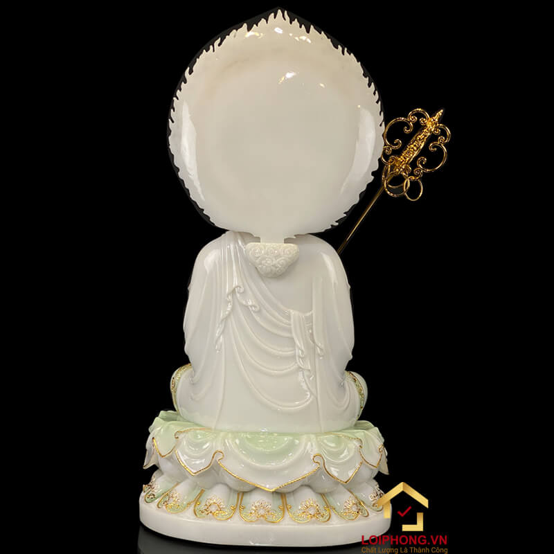 Tượng Địa Tạng Vương Bồ Tát ngồi hoa sen bằng bột đá cẩm thạch thiên thanh viền vàng có lá đề cao từ 40 cm - 90 cm