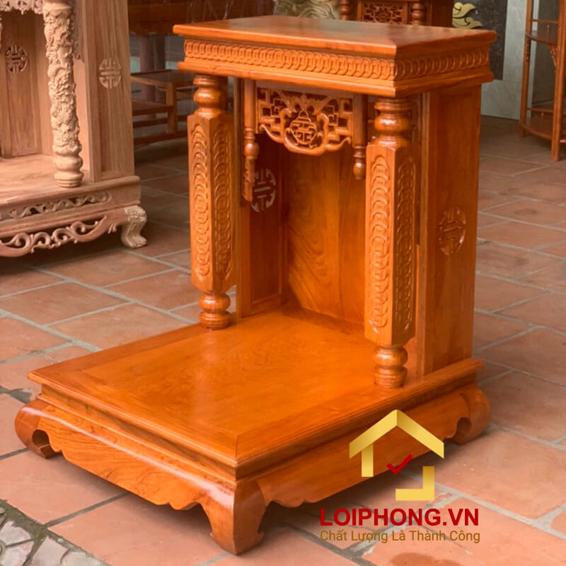 Bàn thờ Ông Địa Thần Tài mái bằng chạm tiền cột vuông 61x69x87 cm