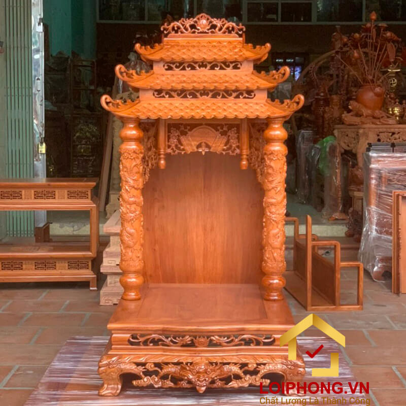 Bàn thờ Ông Địa Thần Tài ba mái đục rồng cột tròn 51x61x107 cm