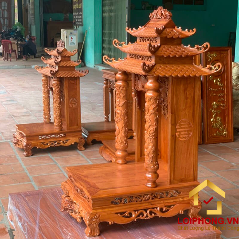 Bàn thờ Ông Địa Thần Tài ba mái đục rồng cột tròn 51x61x107 cm