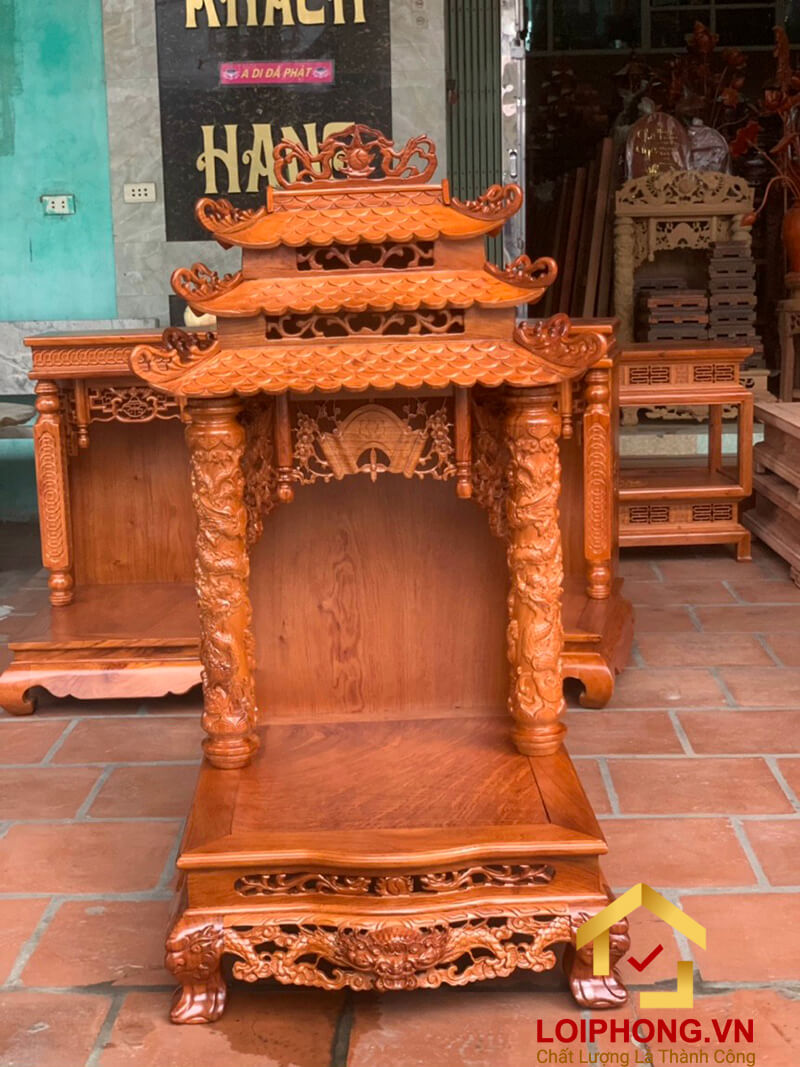 Bàn thờ Ông Địa Thần Tài ba mái đục rồng cột tròn 51x61x107 cm