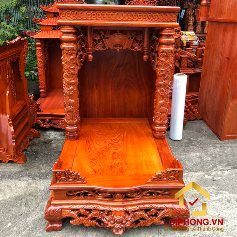 Bàn thờ Ông Địa Thần Tài mái bằng chạm tiền đục rồng 61x69x98 cm