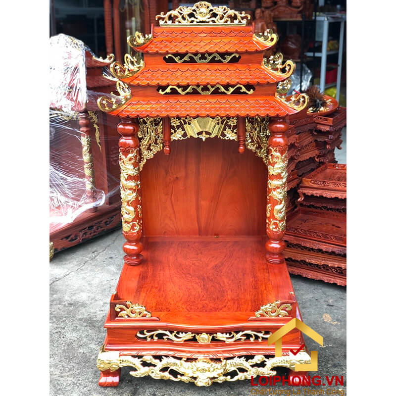 Bàn thờ Ông Địa Thần Tài ba mái đục rồng dát vàng 69x81x127 cm