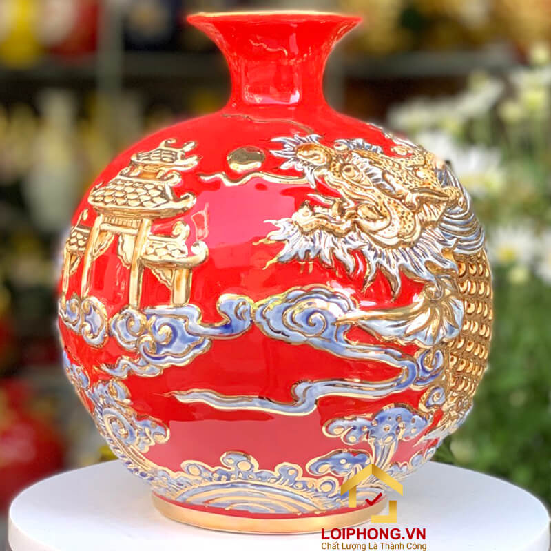 Bình hút tài lộc cá chép hóa rồng vẽ vàng màu vàng, xanh, đỏ cao 22 cm – 25 cm