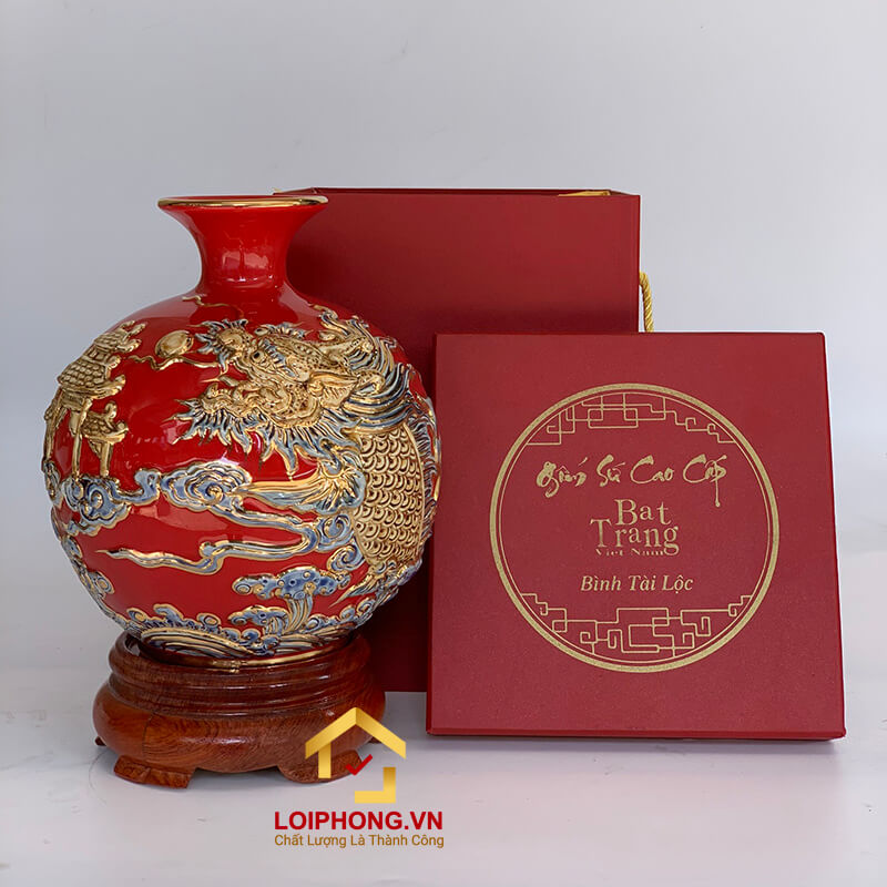 Bình hút tài lộc cá chép hóa rồng vẽ vàng màu vàng, xanh, đỏ cao 22 cm – 25 cm