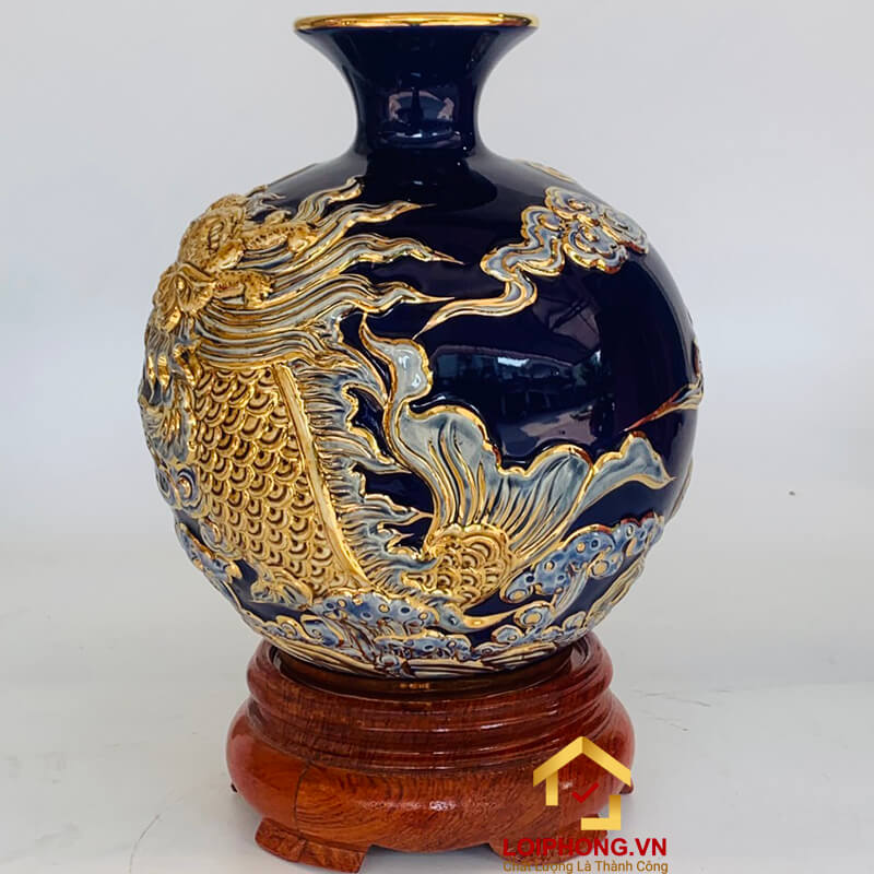 Bình hút tài lộc cá chép hóa rồng vẽ vàng màu vàng, xanh, đỏ cao 22 cm – 25 cm