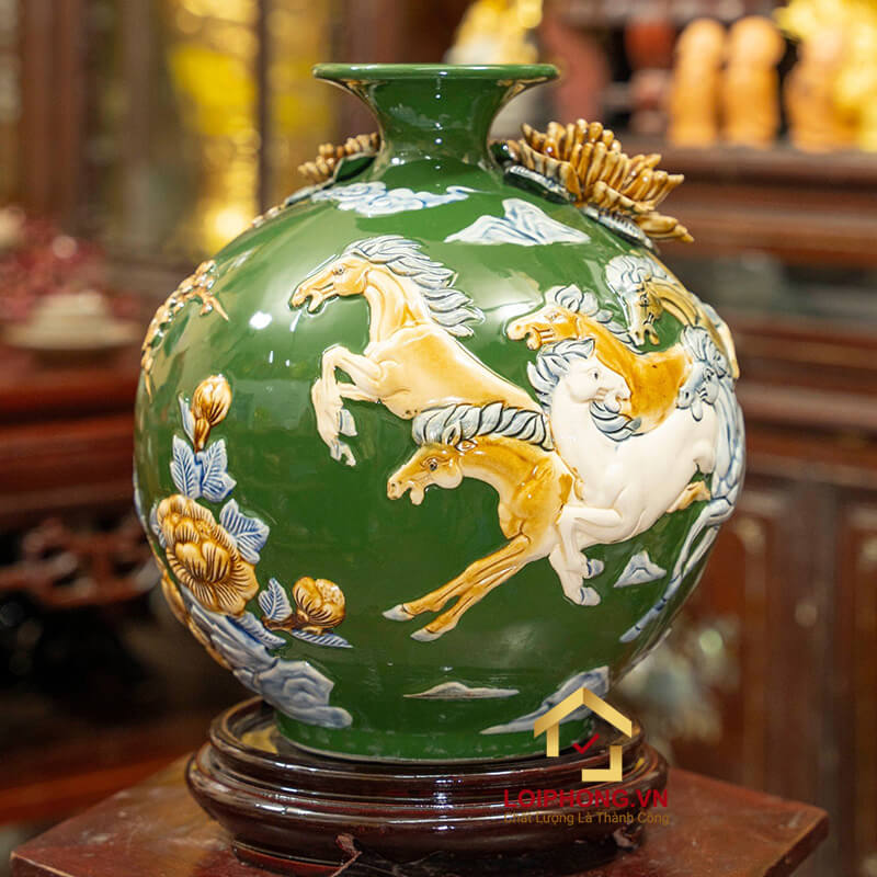 Bình hút tài lộc mã đáo thành công cao 28 cm đường kính 23 cm men màu