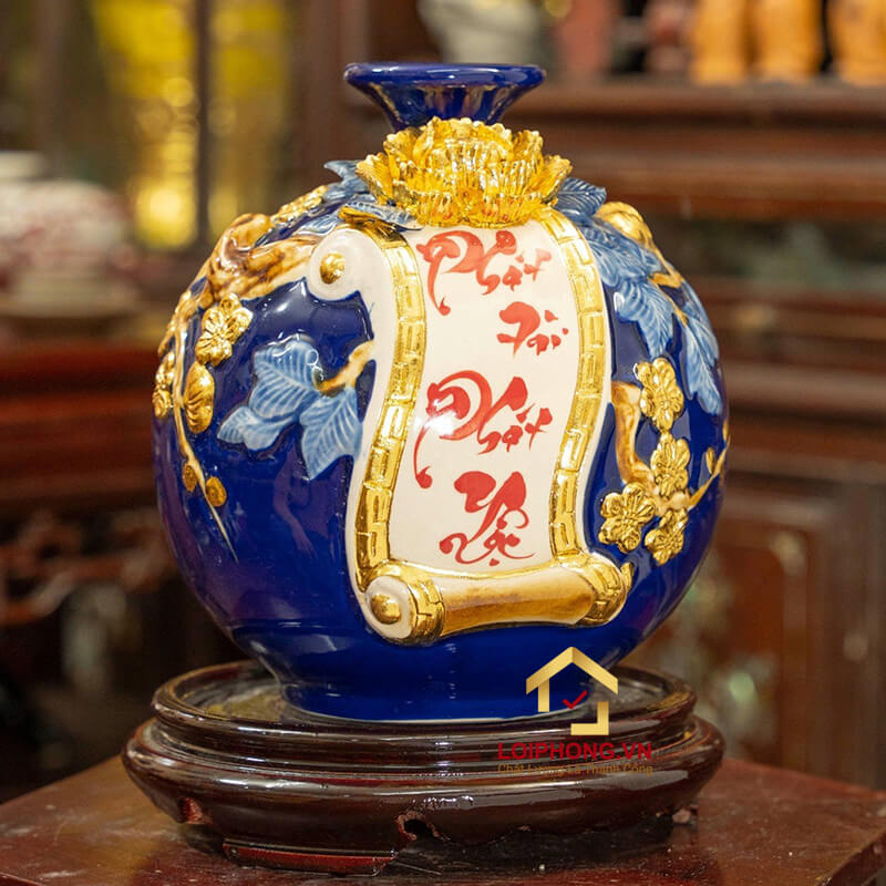 Bình phát tài phát lộc cao 22cm đường kính 19cm dát vàng