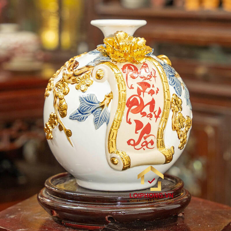 Bình phát tài phát lộc cao 22cm đường kính 19cm dát vàng
