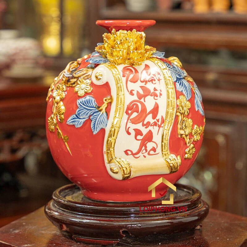 Bình phát tài phát lộc cao 22cm đường kính 19cm dát vàng