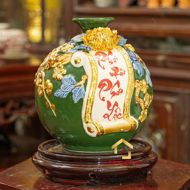 Bình phát tài phát lộc cao 22cm đường kính 19cm dát vàng
