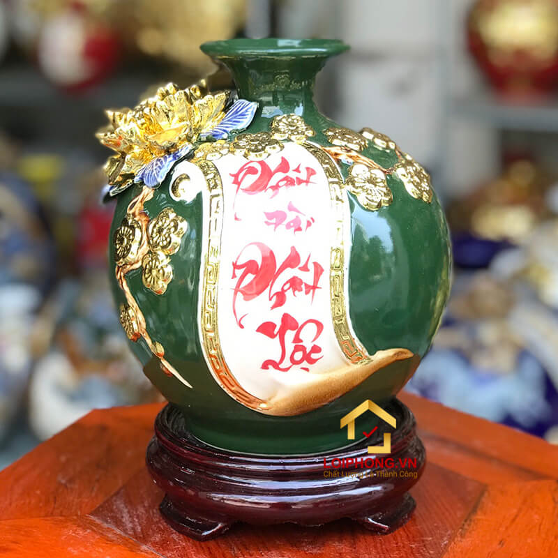 Bình phát tài phát lộc cao 18cm đường kính 16cm dát vàng