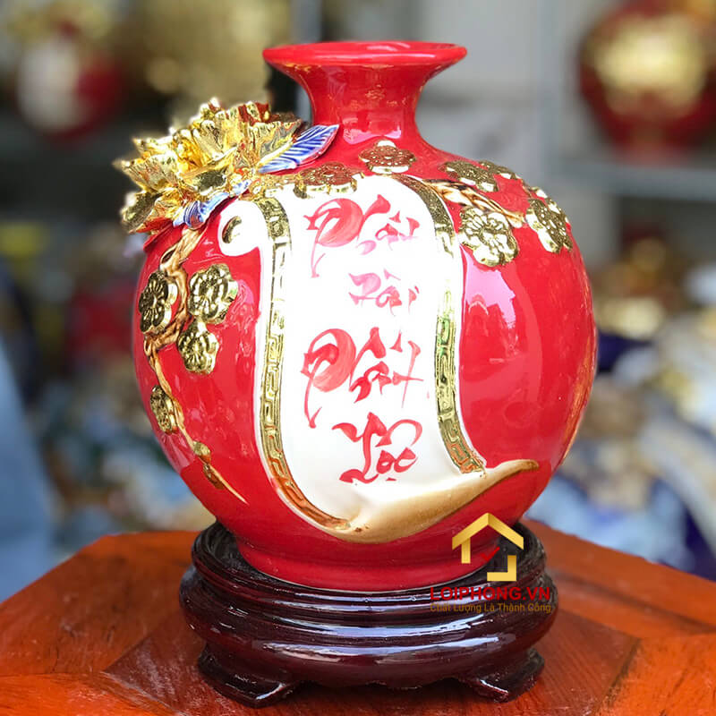 Bình phát tài phát lộc cao 18cm đường kính 16cm dát vàng