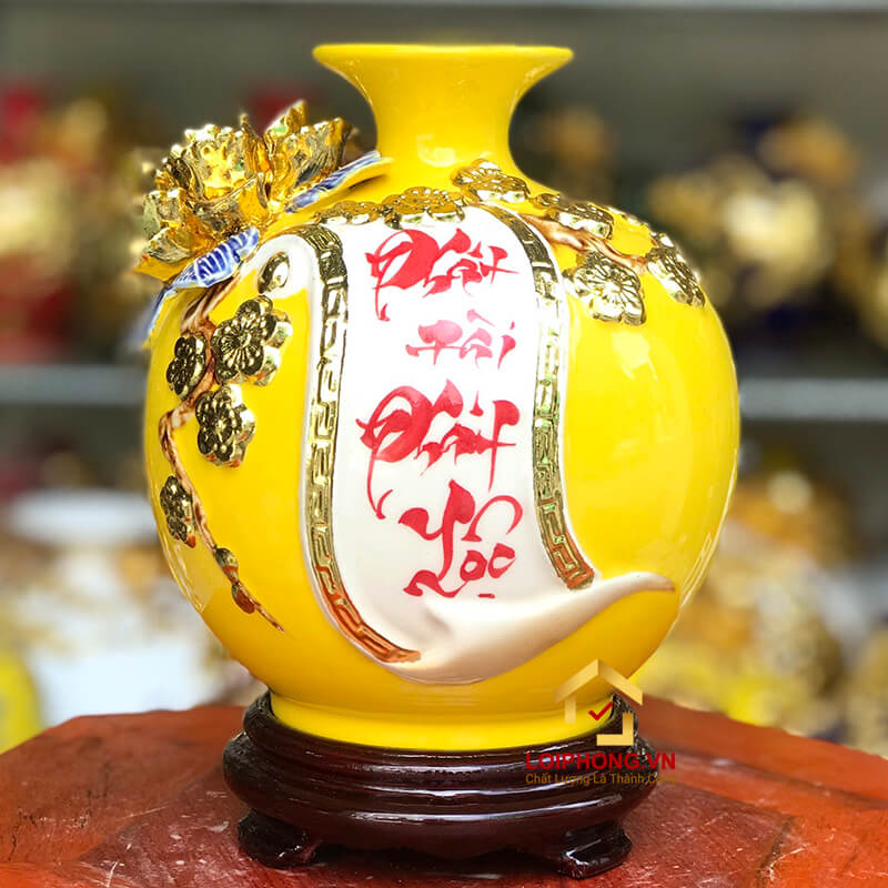 Bình phát tài phát lộc cao 18cm đường kính 16cm dát vàng