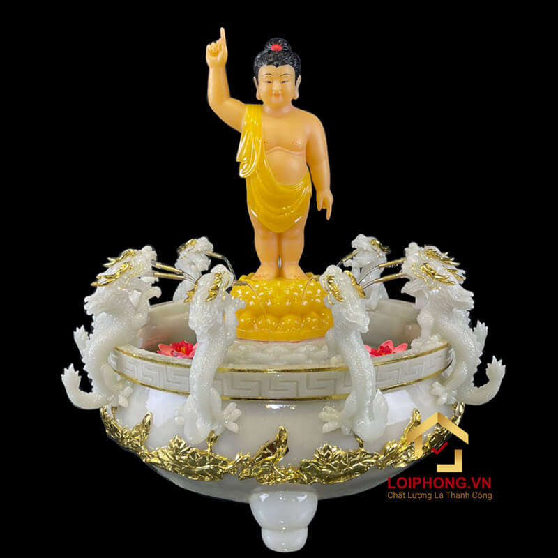 Chậu tắm Phật Đản Sanh cao cấp bằng bột đá thạch ngọc viền vàng (chưa bao gồm tượng)