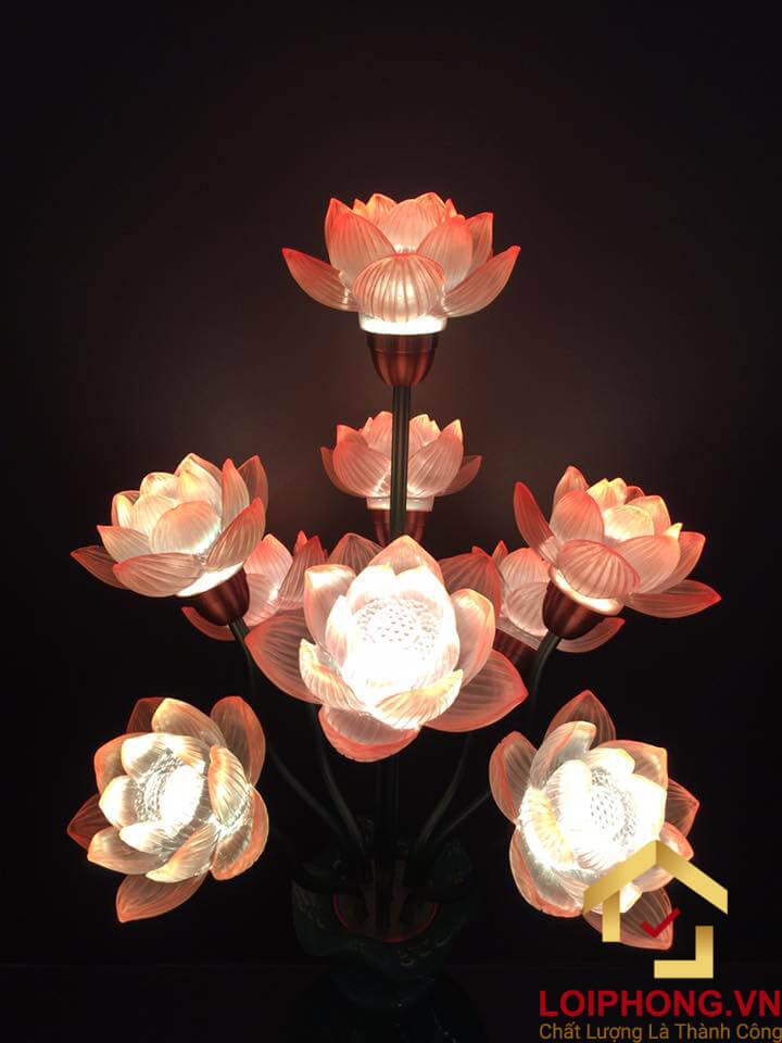 Đèn thờ 9 bông hoa sen nở rộ bằng lưu ly cao cấp