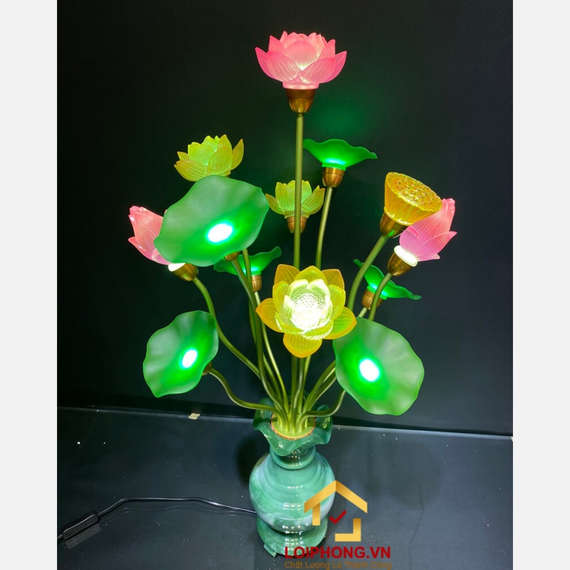 Đèn thờ hoa sen 13 bông bằng lưu ly cao cấp cao 83 cm