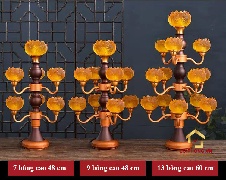 Đèn thờ hoa sen 13 bông bằng lưu ly cao cấp cao 61 cm