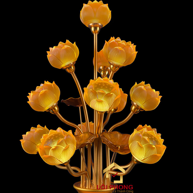 Đèn Thờ Hoa Sen 13 bông chớm nở bằng lưu ly cao cấp