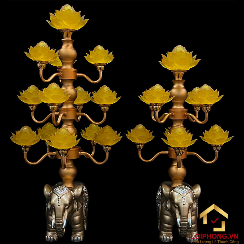 Đèn Thờ Hoa Sen 9 bông đế con voi cao 62cm