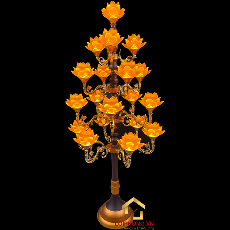 Đèn Thờ Hoa Sen Thủy Lưu Ly thân cổ 19 bông nở vàng cao 160cm