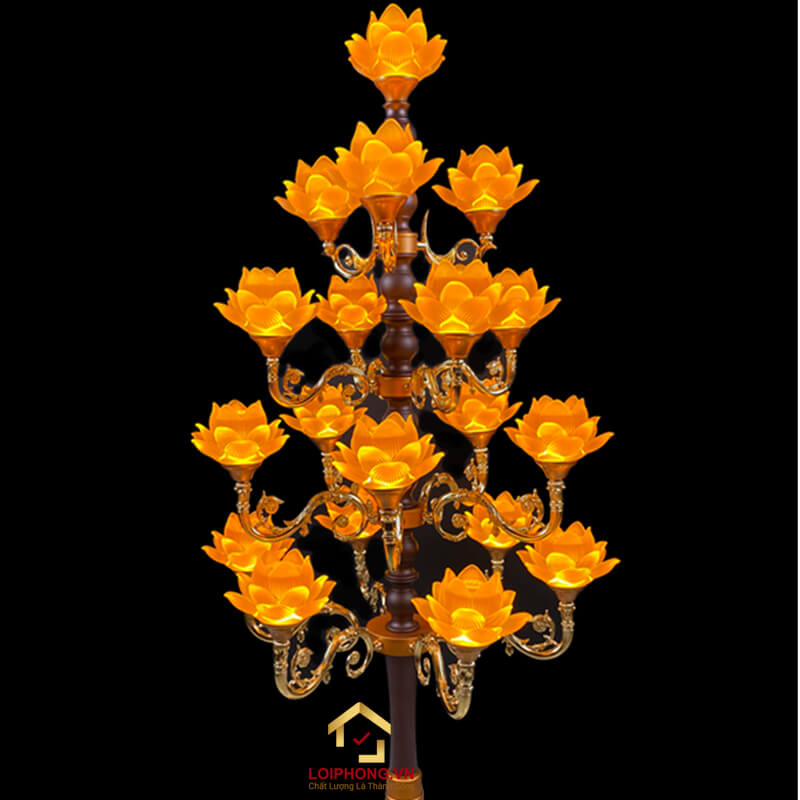 Đèn Thờ Hoa Sen Thủy Lưu Ly thân cổ 19 bông nở vàng cao 160cm