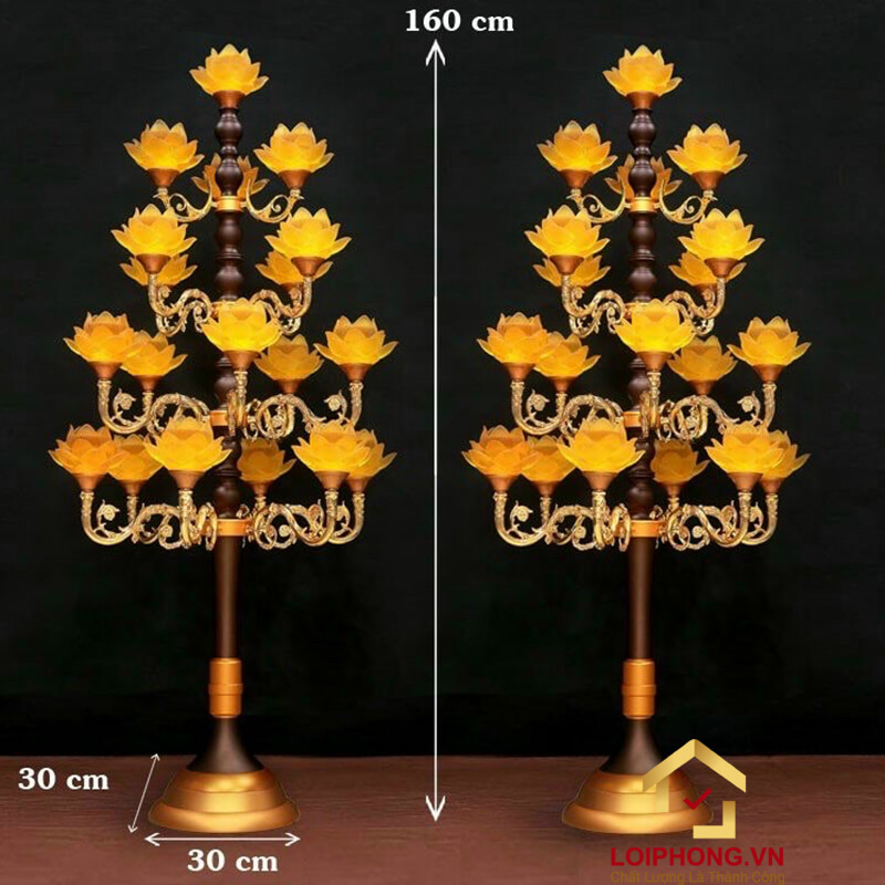 Đèn Thờ Hoa Sen Thủy Lưu Ly thân cổ 19 bông nở vàng cao 160cm