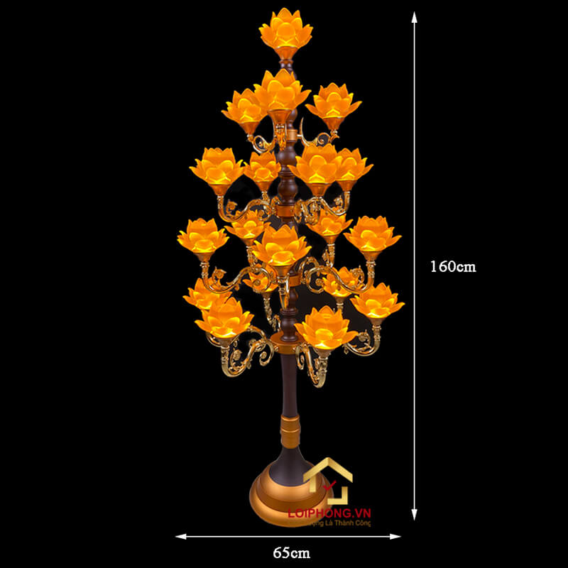 Đèn Thờ Hoa Sen Thủy Lưu Ly thân cổ 19 bông nở vàng cao 160cm