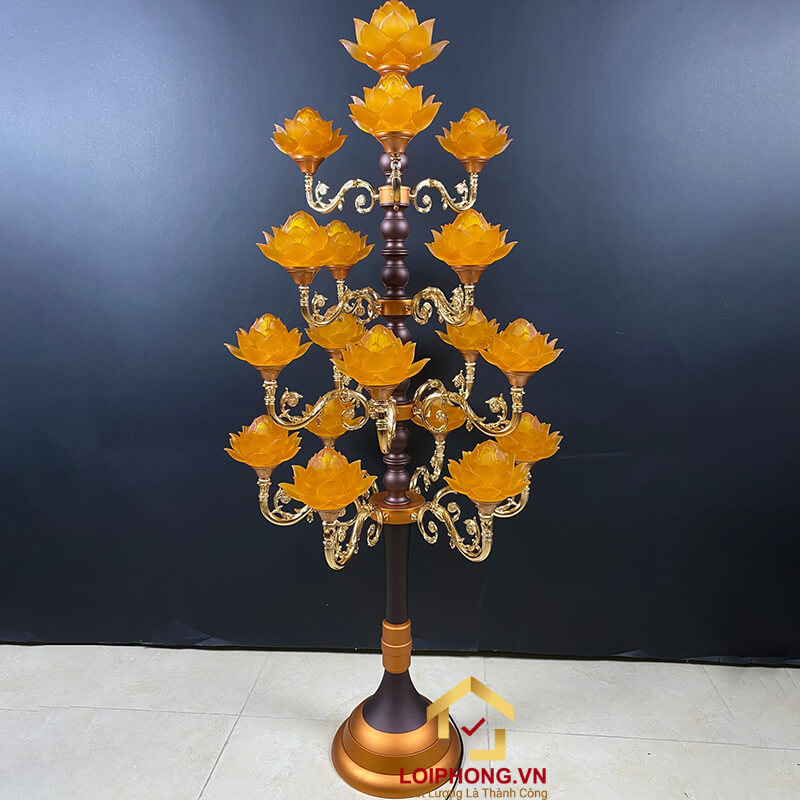 Đèn Thờ Hoa Sen Thủy Lưu Ly thân cổ 19 bông nở vàng cao 160cm