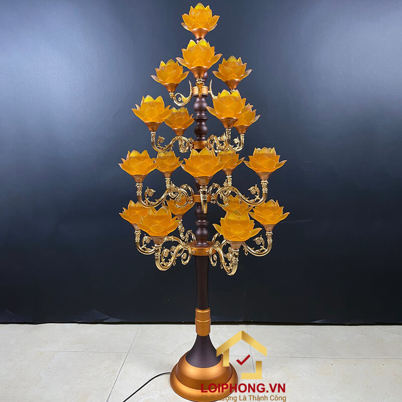 Đèn Thờ Hoa Sen Thủy Lưu Ly thân cổ 19 bông nở vàng cao 160cm