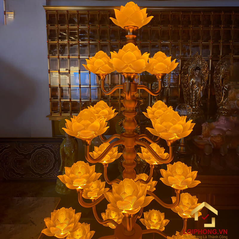 Đèn Thờ Hoa Sen Bình Lưu Ly 27 bông nở vàng cao 182cm