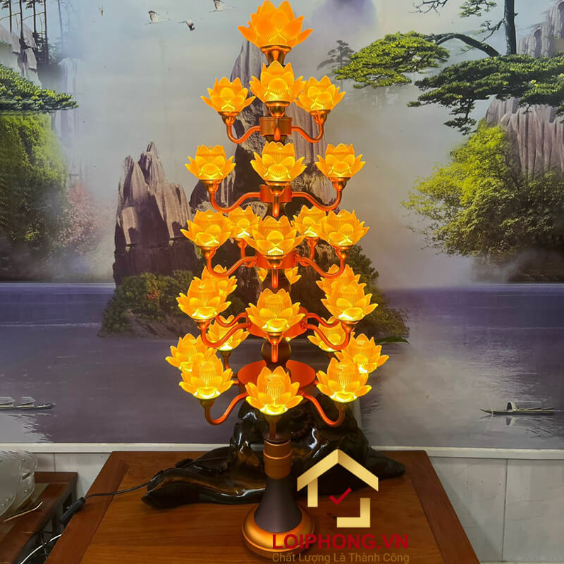 Đèn Thờ Hoa Sen Lưu Ly thân cổ lùn 27 bông nở cao 105cm
