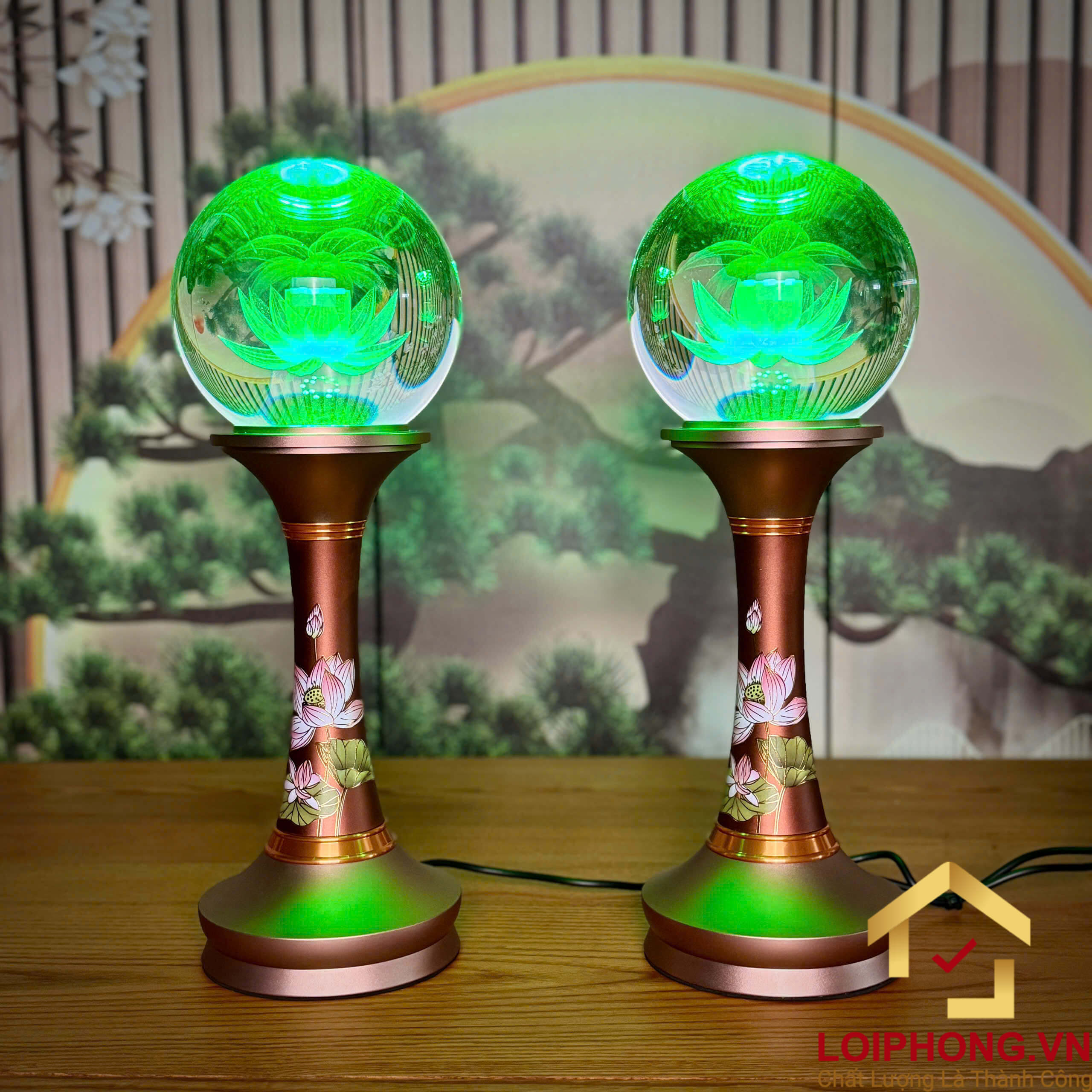 Đèn Cầu Hoa Sen Thân Đồng In Hoa Sen Hồng