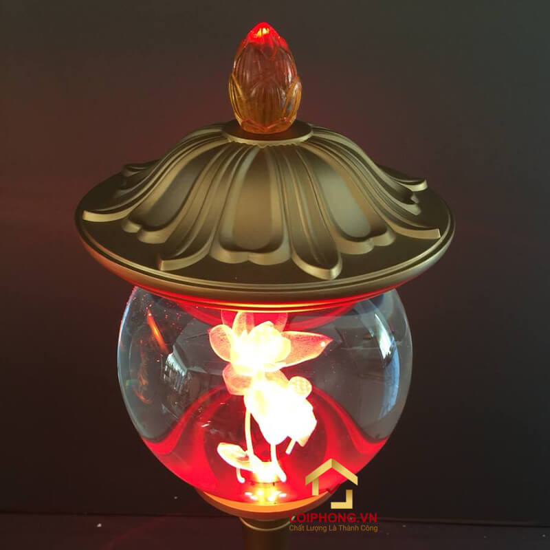 Đèn thờ đẹp bằng pha lê cao cấp hình cầu mũ ô bên trong có hoa sen 3D