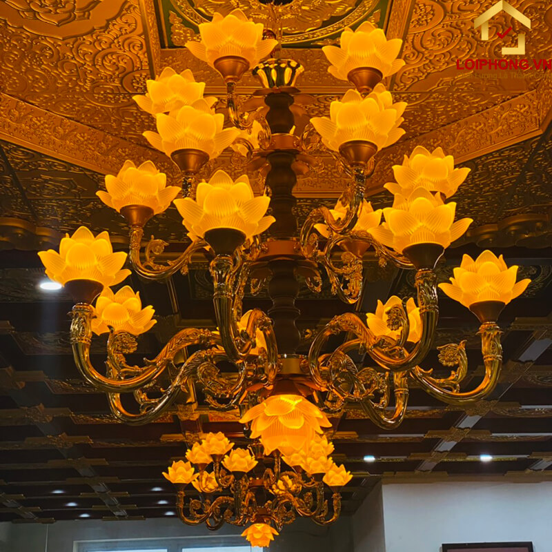 Đèn chùm hoa sen treo trần nhà 19 bông bằng lưu ly cao cấp