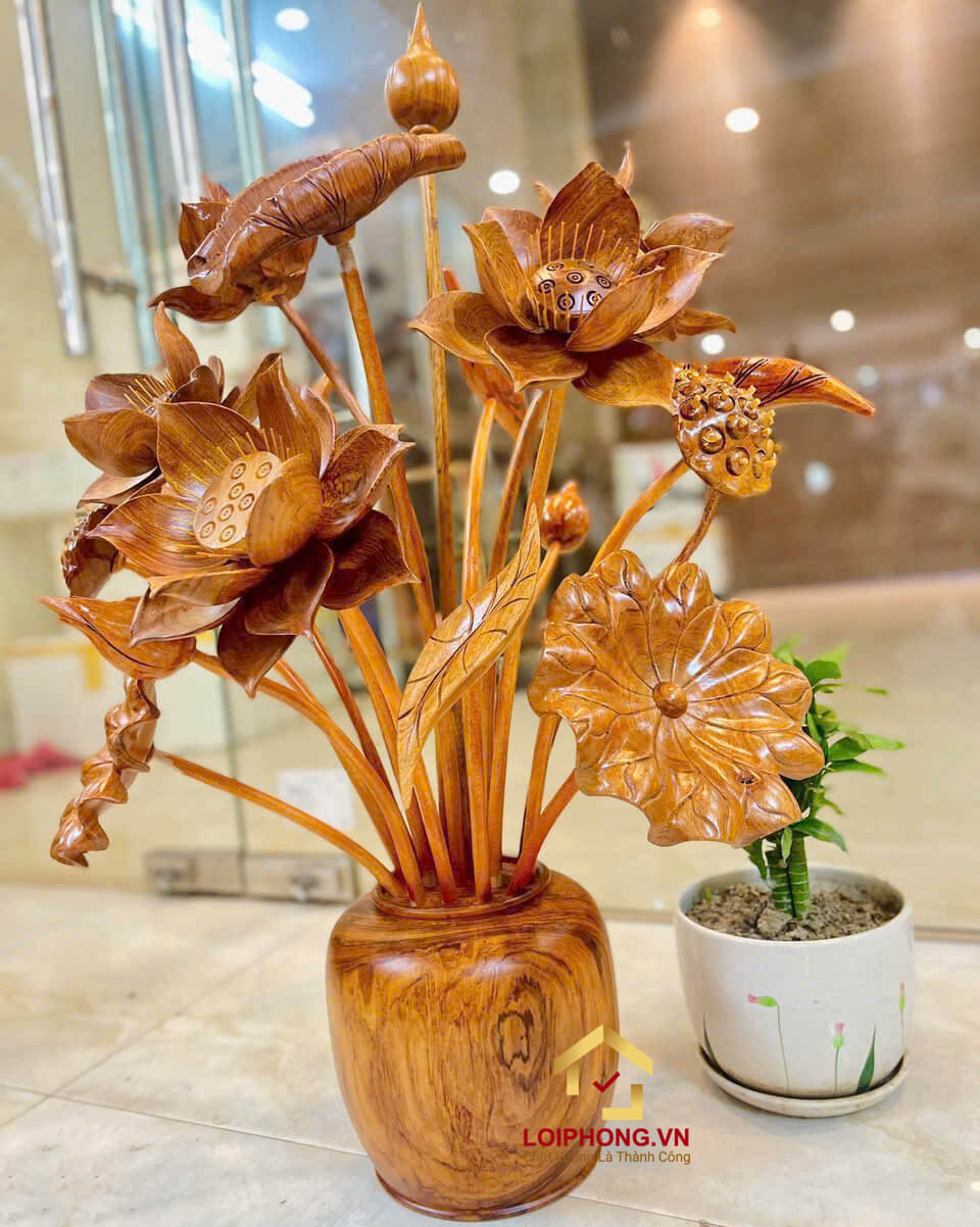 Bình Hoa Sen Gỗ Hương Đá 17 cành