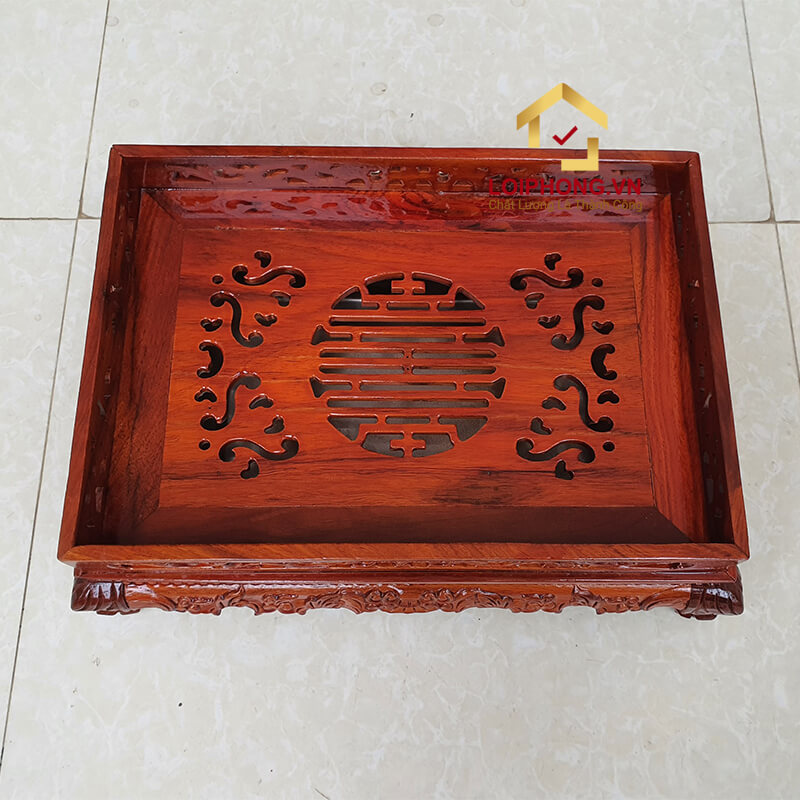 Khay trà gỗ hương chạm rồng chân quỳ 37x27x12 cm