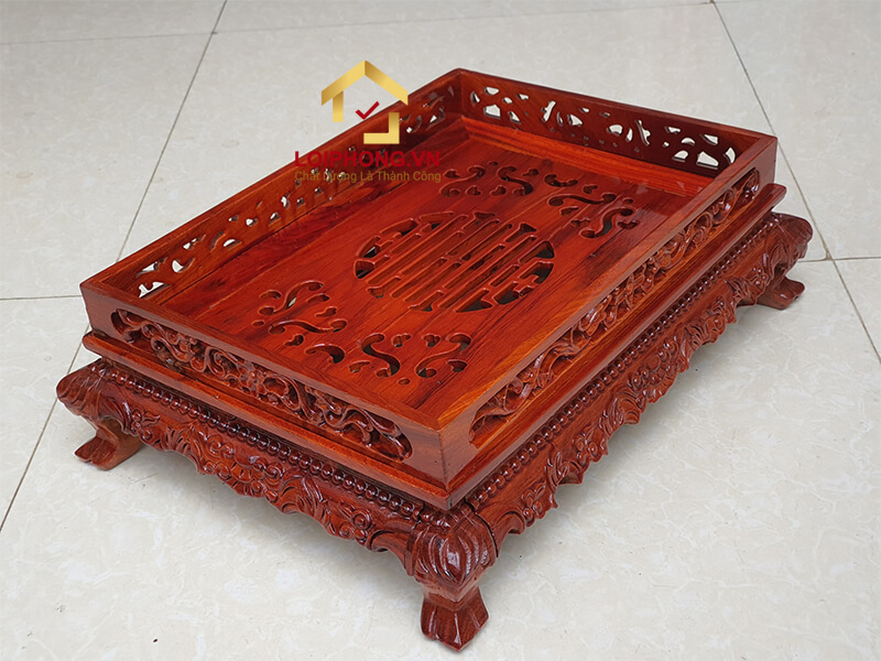 Khay trà gỗ hương chạm rồng chân quỳ 37x27x12 cm