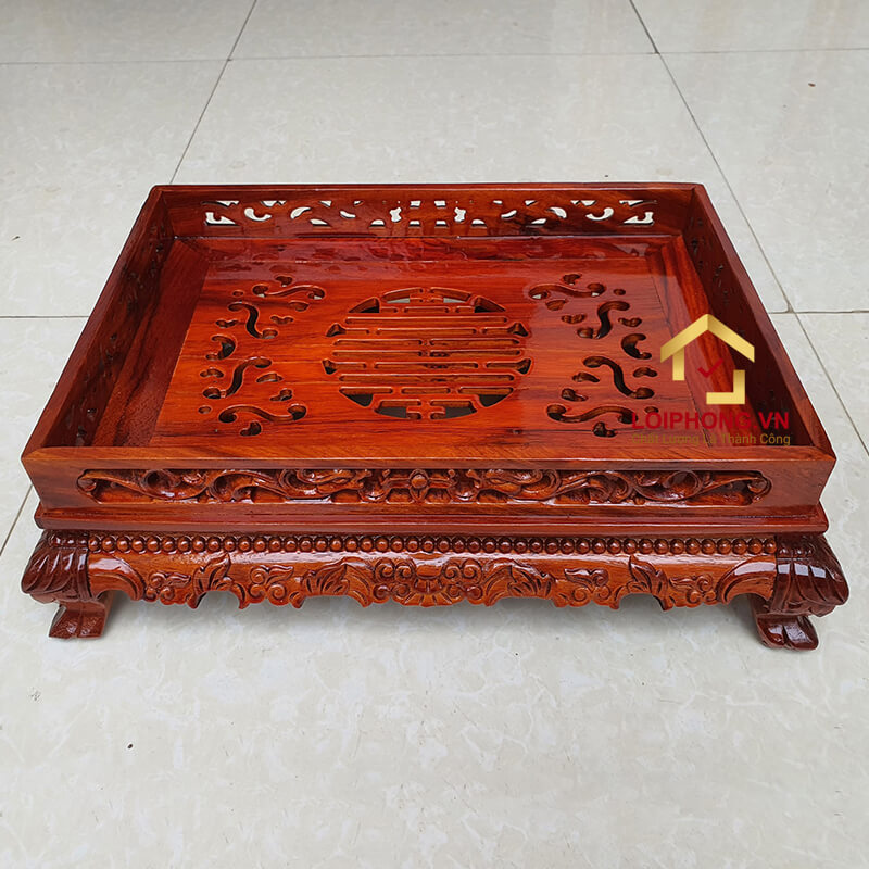 Khay trà gỗ hương chạm rồng chân quỳ 37x27x12 cm