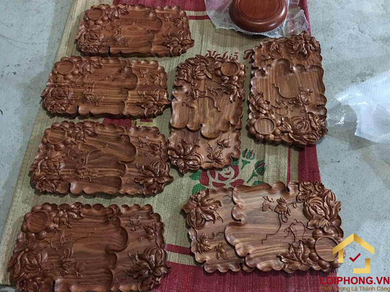 Khay trà Hoa Bí gỗ hương nguyên khối dài 60 x rộng 35 x dày 4 cm