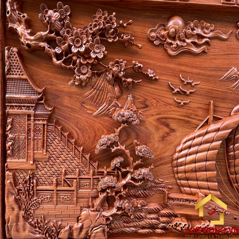 Tranh gỗ Thuận Buồm Xuôi Gió đẹp viền hoa văn 79x155x5 cm