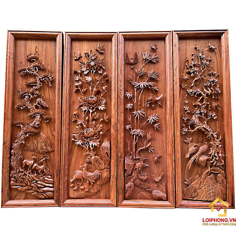 Tranh Tứ Quý gỗ kích thước 40x127x5 cm