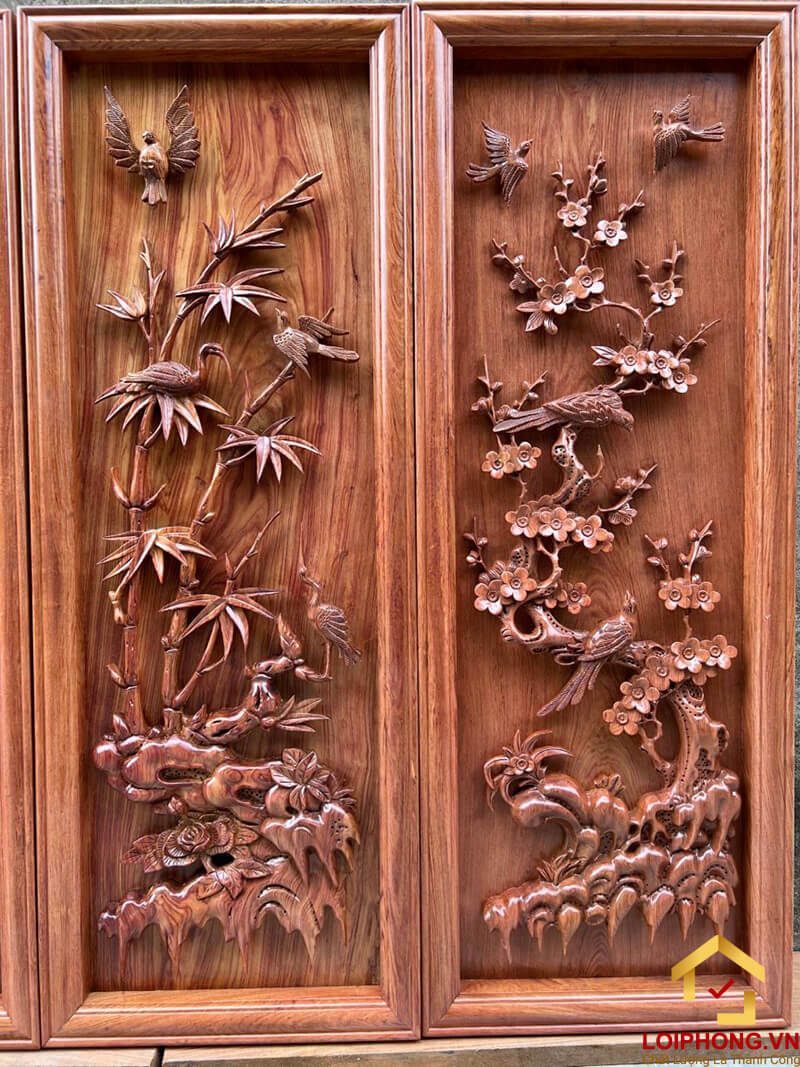 Tranh Tứ Quý gỗ kích thước 37x117x5 cm