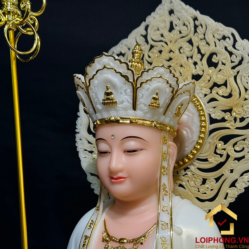 Tượng Địa Tạng Vương Bồ Tát đứng bột đá sơn có lá đề cao 40cm - 48cm - 65 cm