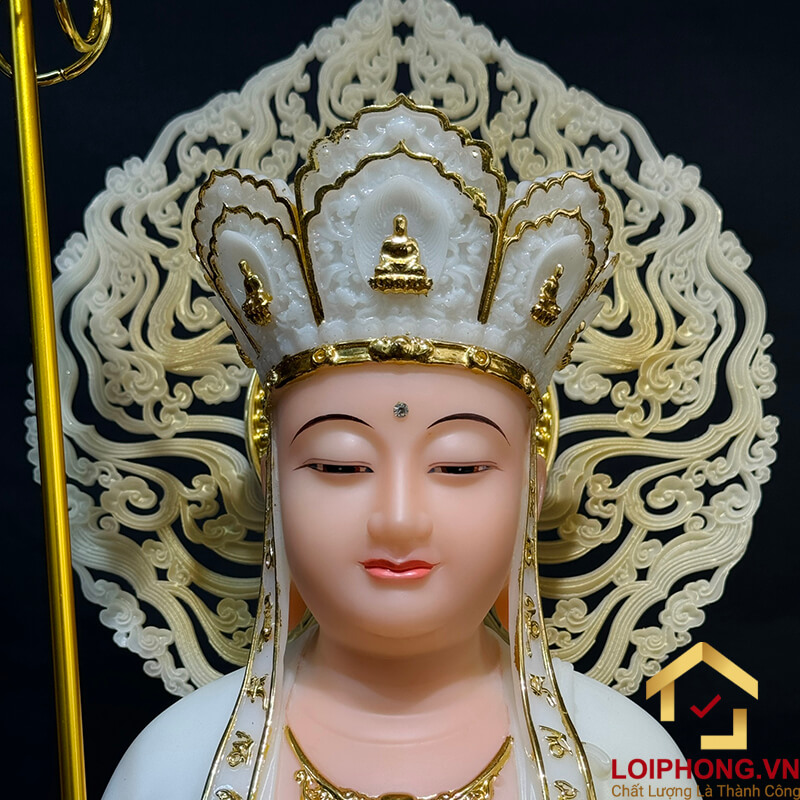 Tượng Địa Tạng Vương Bồ Tát đứng bột đá sơn có lá đề cao 40cm - 48cm - 65 cm